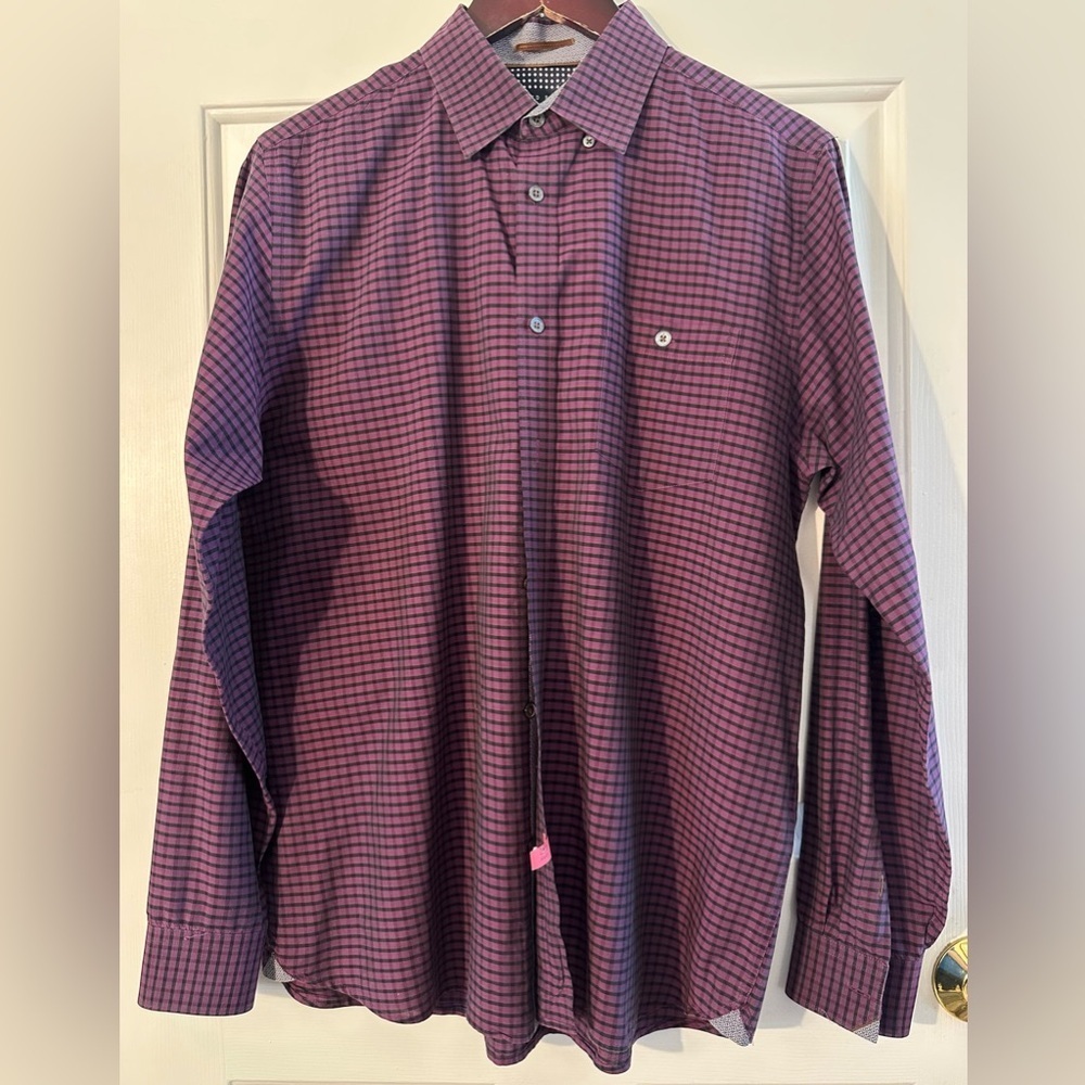 TED BAKER Men’s 4 Purple Check Flip Cuff Button Up Shirt 100% Cotton Career